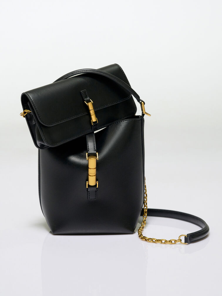 Cesia Metallic-Accent Bucket Bag, Black, hi-res