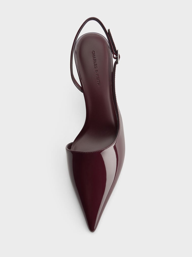 Patent Stiletto-Heel Pointed-Toe Slingback Pumps, Burgundy, hi-res