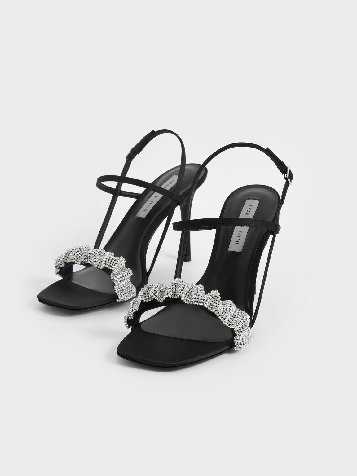 Giày sandals cao gót Gem-Embellished Satin, Đen, hi-res