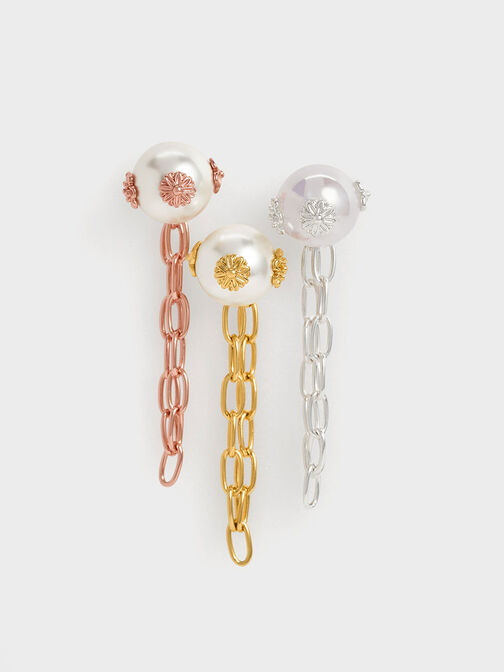 Khuyên tai ngọc trai Flower-Embellished Pearl Drop, Bạc, hi-res