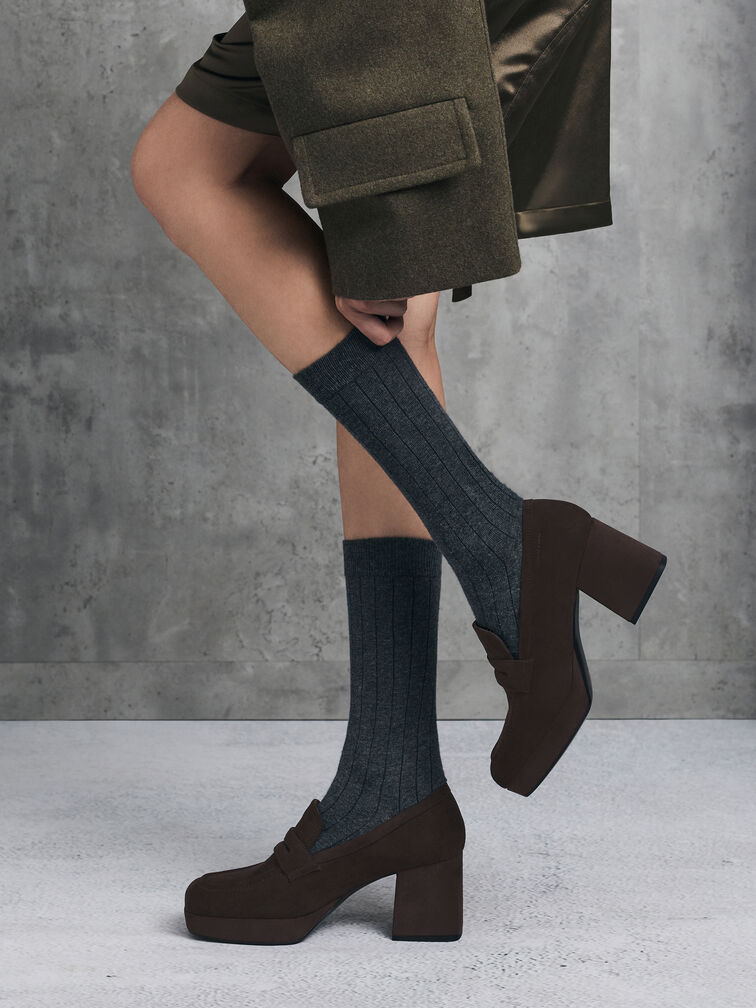 Faux Suede Platform Block-Heel Loafer Pumps, Dark Brown Textured, hi-res