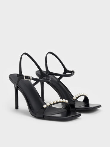 Giày sandals cao gót Helena Pearl-Embellished, Đen bóng nhám, hi-res