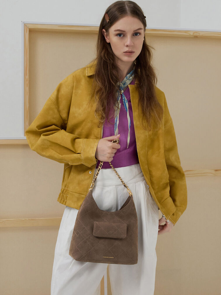 Duo Quilted Front-Pocket Chain Hobo Bag, Stone Grey, hi-res
