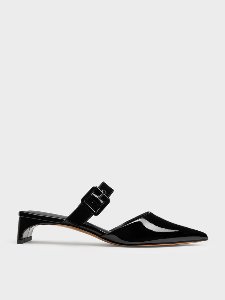 Patent Buckle-Strap Heeled Mules, Black Patent, hi-res