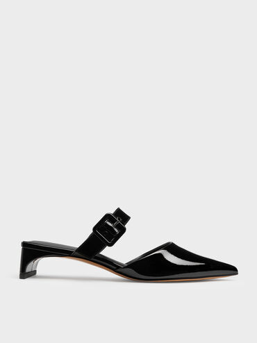 Patent Buckle-Strap Heeled Mules, Black Patent, hi-res