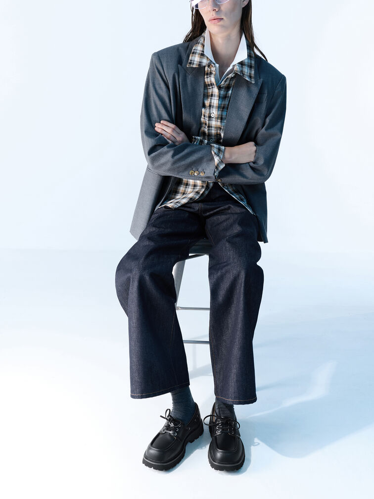 Giày lười mũi tròn Lace-Up Ridged-Sole, Đen, hi-res