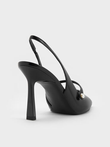 Helena Pearl-Buckle Pointed-Toe Slingback Pumps, Black Boxed, hi-res