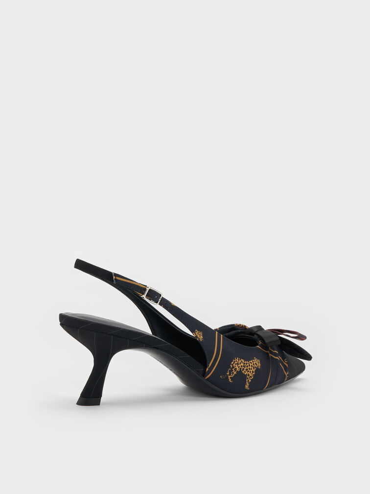 Satin Printed-Bow Pointed Slingback Pumps, Black Textured, hi-res