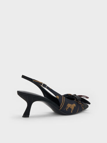 Satin Printed-Bow Pointed Slingback Pumps, Black Textured, hi-res