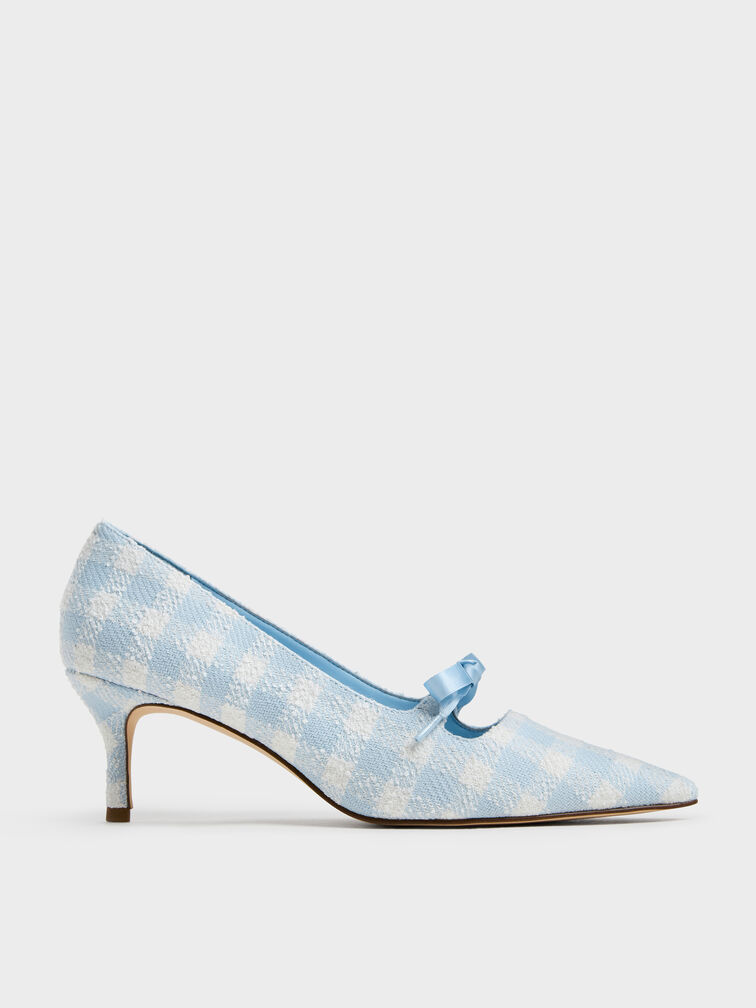 Venetia Gingham Bow Pointed Pumps, Light Blue, hi-res