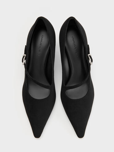 Faux Suede Asymmetric-Strap Pumps, Black Textured, hi-res