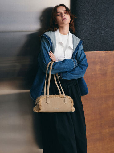 Nelly Recycled Suede & Faux Shearling Elongated Shoulder Bag, Nutmeg Beige, hi-res