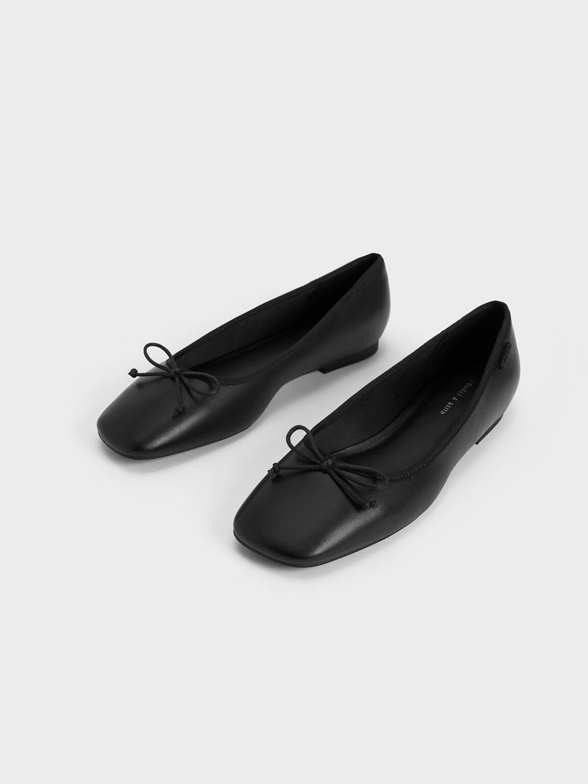 Rounded Square-Toe Bow Ballerinas, Black, hi-res