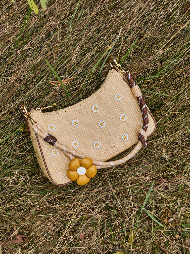 T&uacute;i đeo vai h&igrave;nh thang Philomena Raffia Flower, Be, hi-res