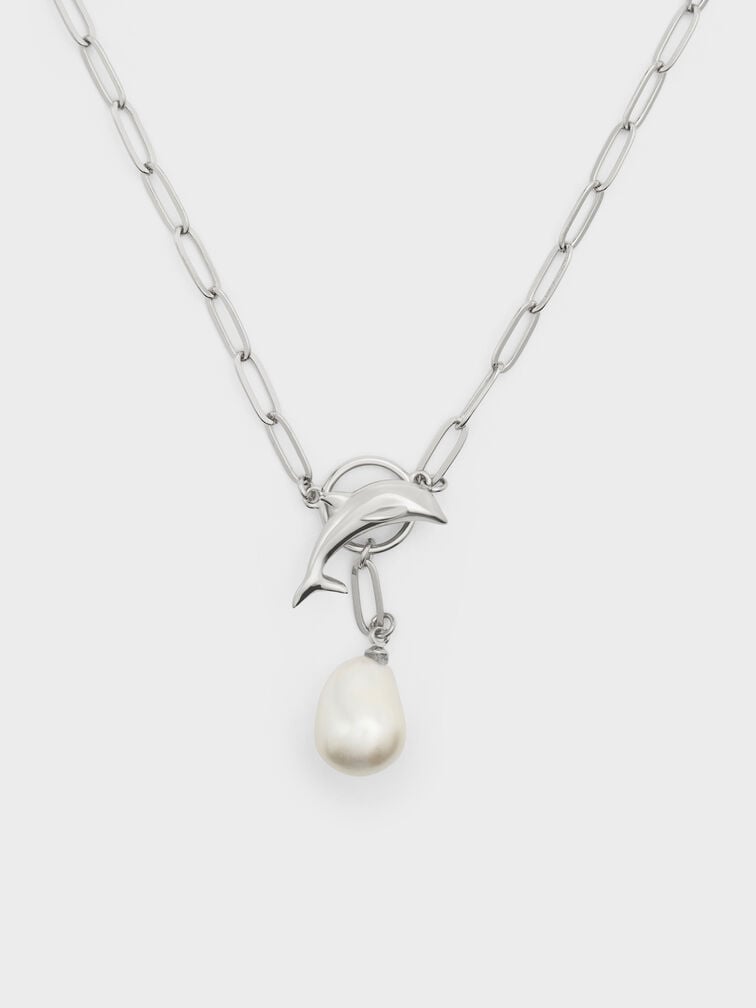 Delfina Dolphin Pearl Chain Necklace, Silver, hi-res