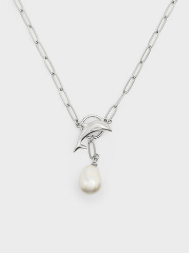 Delfina Dolphin Pearl Chain Necklace, Silver, hi-res