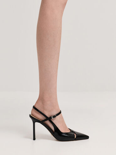 Leather Cut-Out Pointed-Toe Blade-Heel Pumps, Black, hi-res
