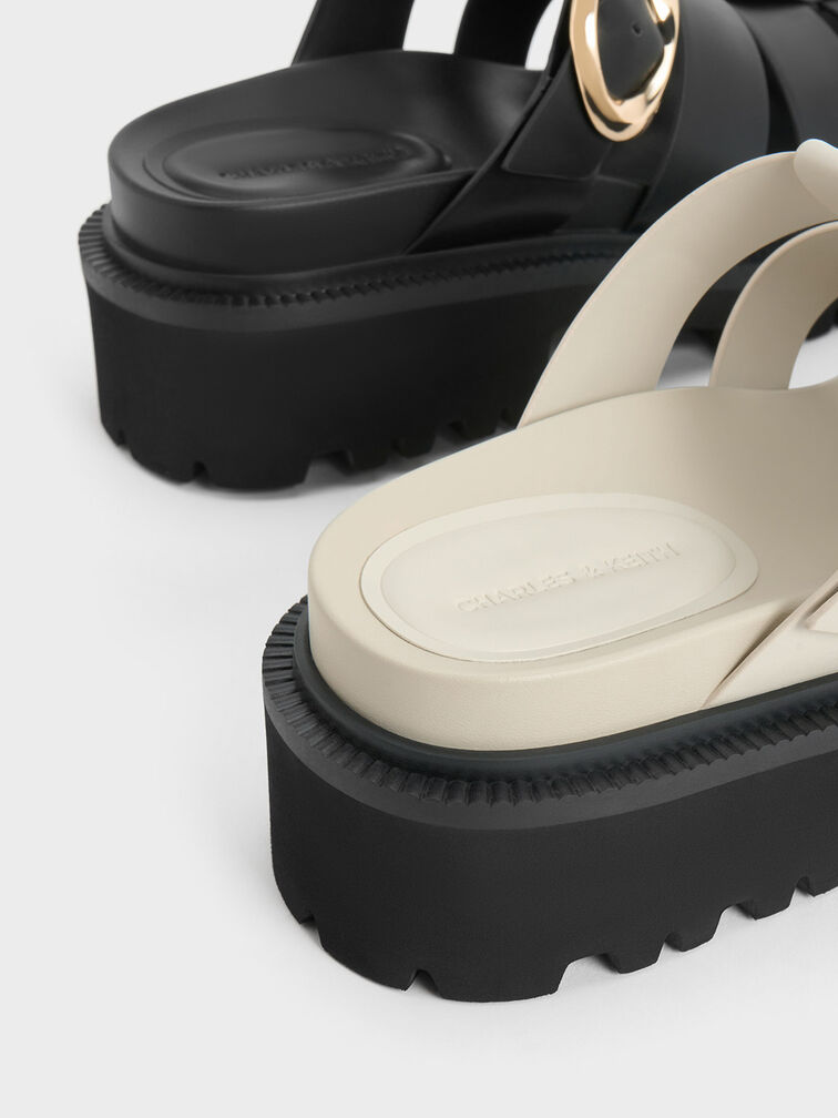 Gi&agrave;y mules mũi tr&ograve;n Interwoven Oval-Buckle, Phấn, hi-res