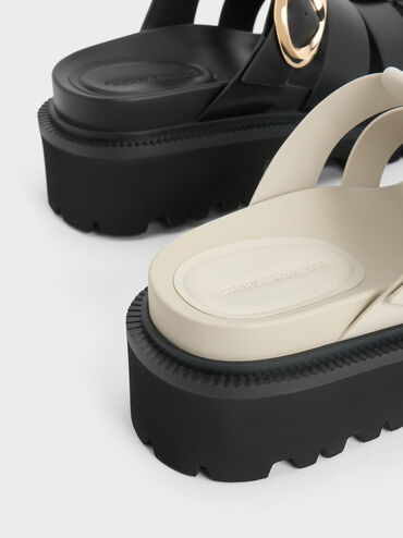 Gi&agrave;y mules mũi tr&ograve;n Interwoven Oval-Buckle, Phấn, hi-res