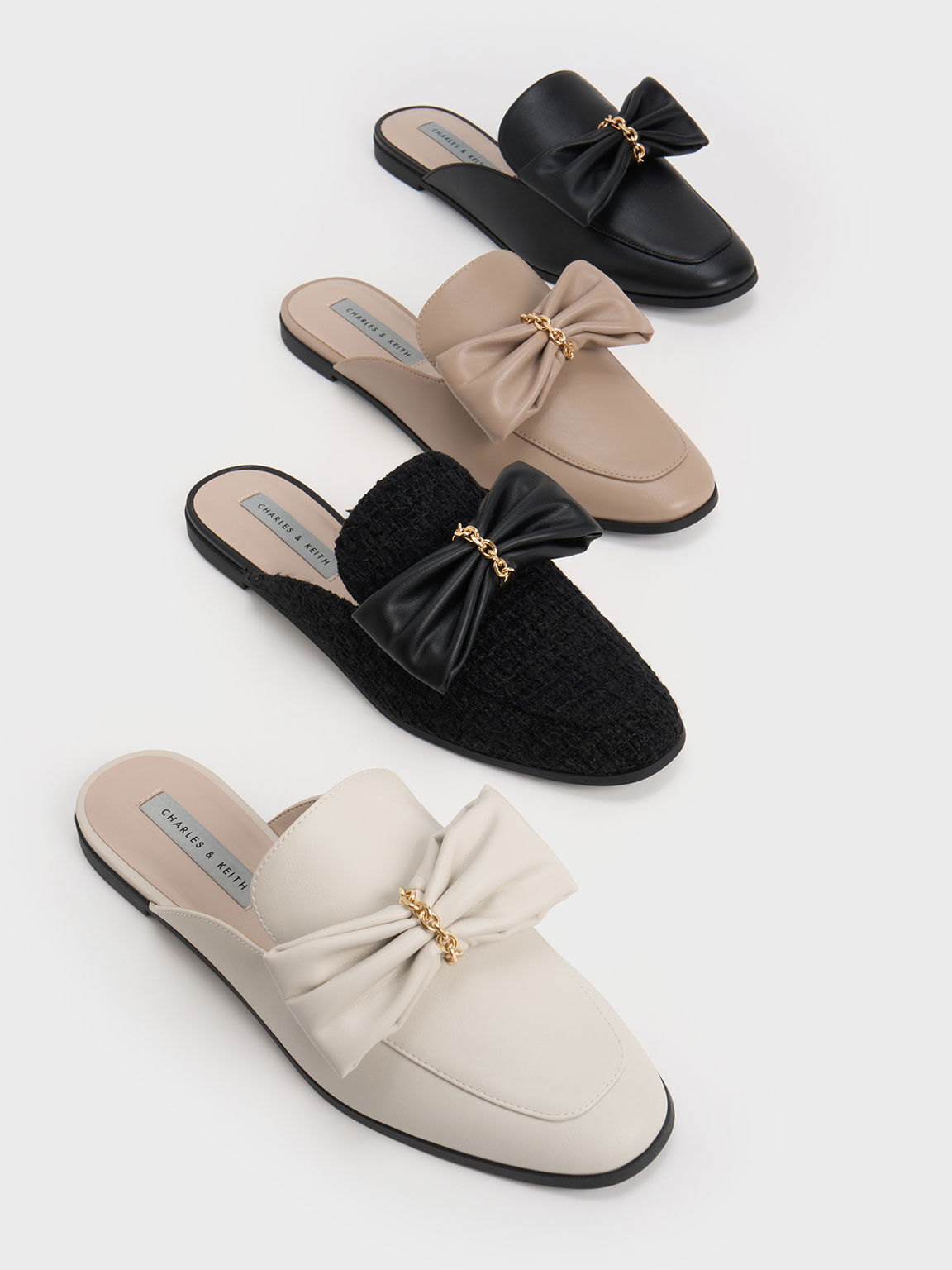 Giày mules Chain-Link Bow Loafer Mules, Phấn, hi-res