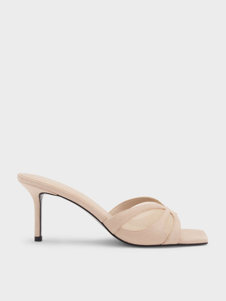 Faux Suede & Mesh Heeled Mules, Beige, hi-res