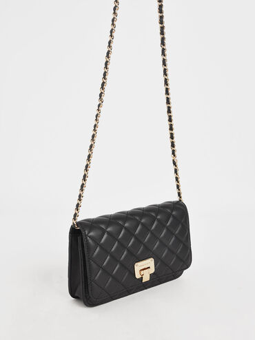 Quilted Flip-lock Clutch, Black, hi-res