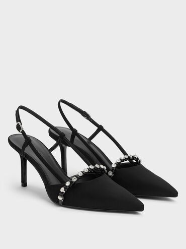 Faux Suede Crystal Slingback Pumps, Black Textured, hi-res