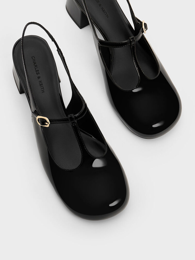 Gi&agrave;y cao g&oacute;t mũi tr&ograve;n T-Bar Slingback Mary Jane, Đen b&oacute;ng nh&aacute;m, hi-res