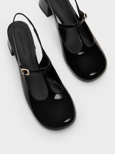 Gi&agrave;y cao g&oacute;t mũi tr&ograve;n T-Bar Slingback Mary Jane, Đen b&oacute;ng nh&aacute;m, hi-res