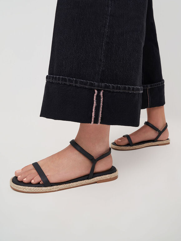 Giày sandals nữ quai mảnh Ankle Strap Flat Espadrille, Đen, hi-res
