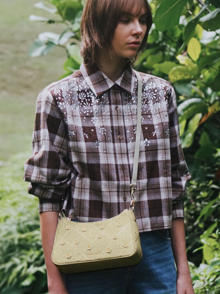 T&uacute;i đeo vai h&igrave;nh thang Philomena Raffia Flower, Pale Olive, hi-res