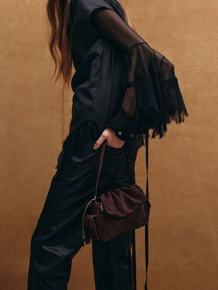 Túi xách phom chữ nhật Khai Recycled Suede, Nâu sẫm, hi-res