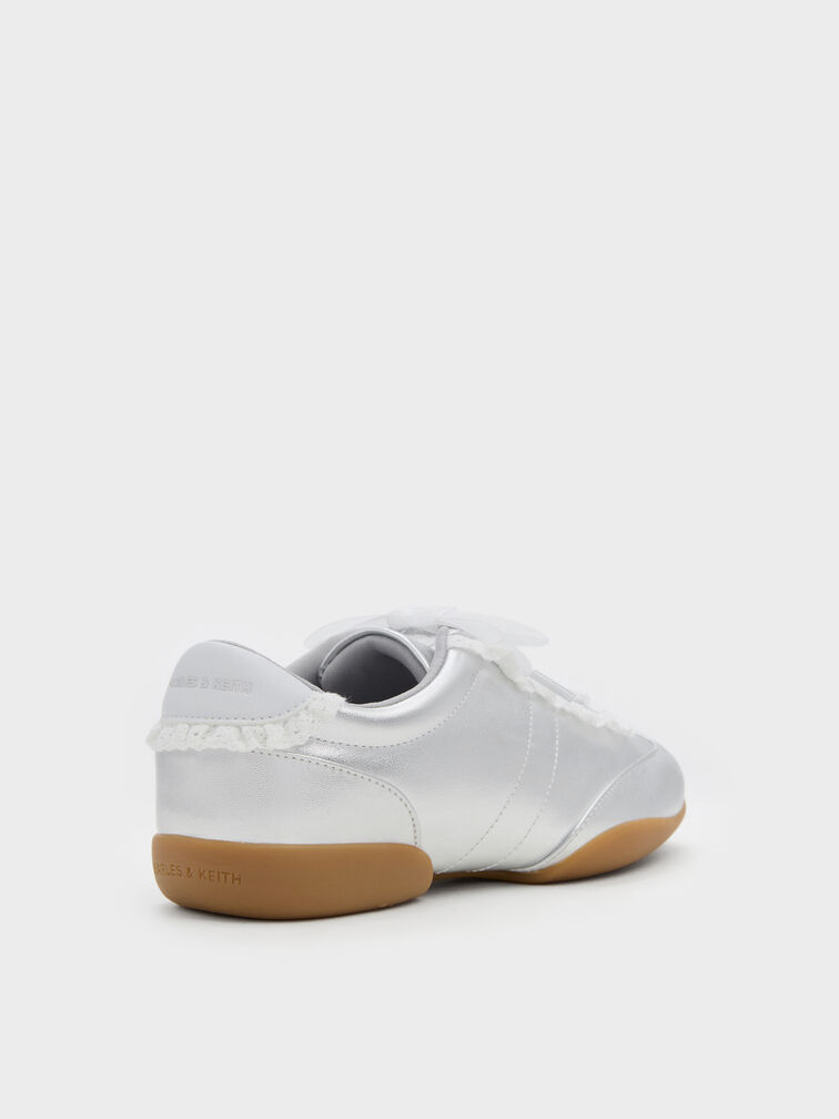 Girls' Metallic Lace-Trim Sneakers, Silver, hi-res