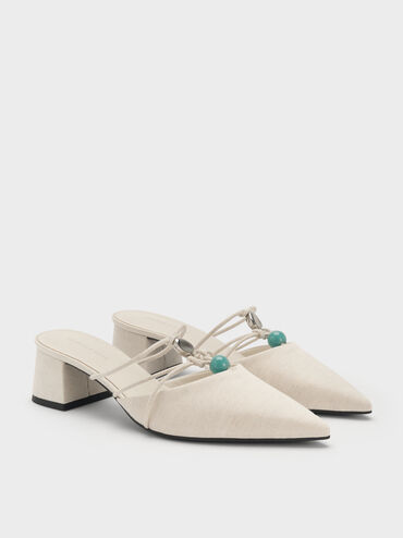 Georgie Linen Bead Pointed Mules, Chalk, hi-res