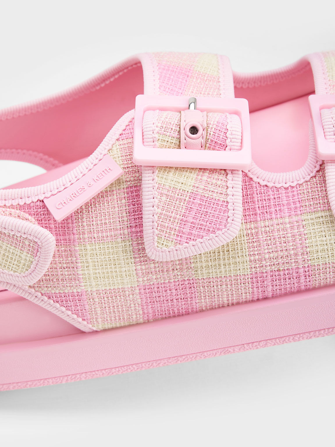 Gingham Buckled Flatform Sandals, Light Pink, hi-res
