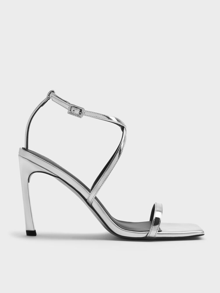 Metallic Strappy Heeled Sandals, Silver, hi-res