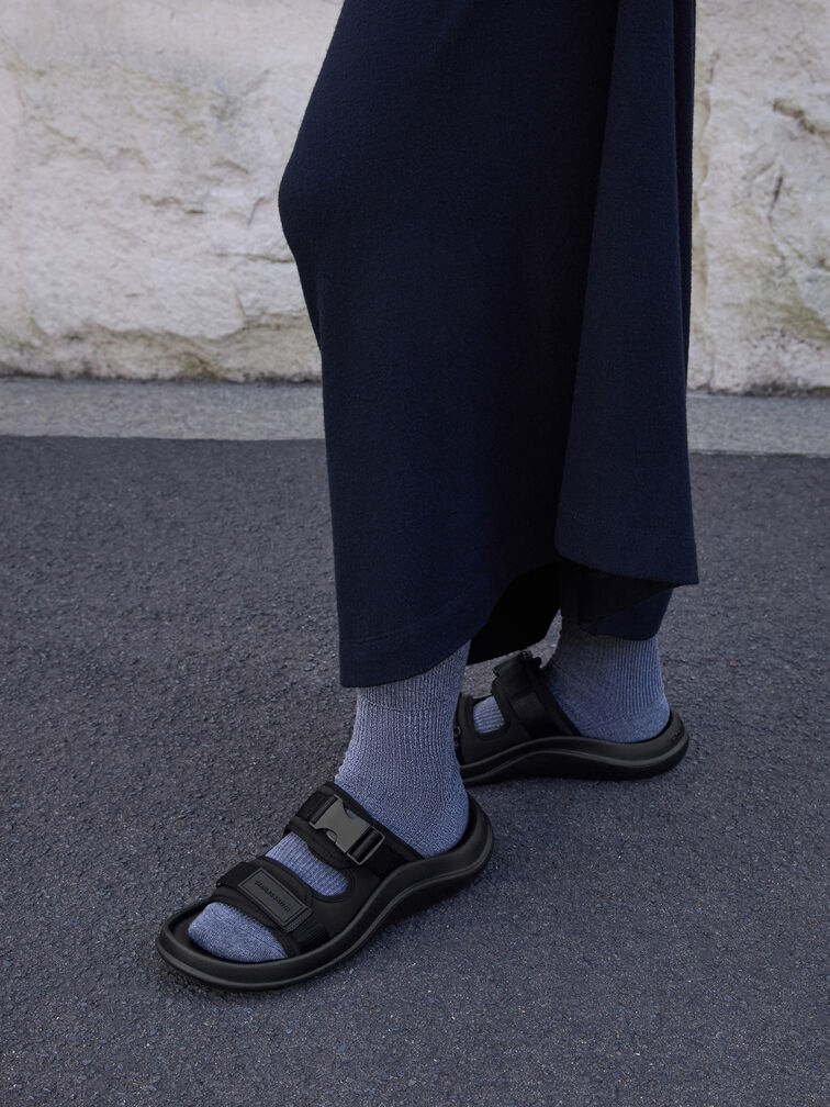 Nylon Double-Strap Sports Sandals, Black Textured, hi-res