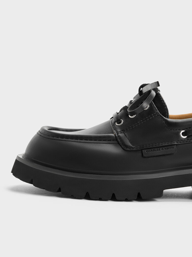 Giày lười mũi tròn Lace-Up Ridged-Sole, Đen, hi-res