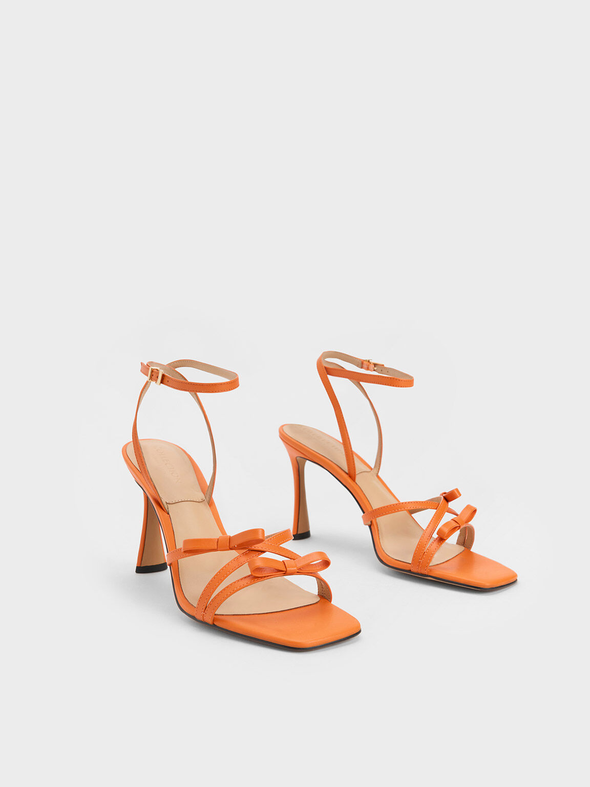 Leather Bow Strappy Sandals, Orange, hi-res