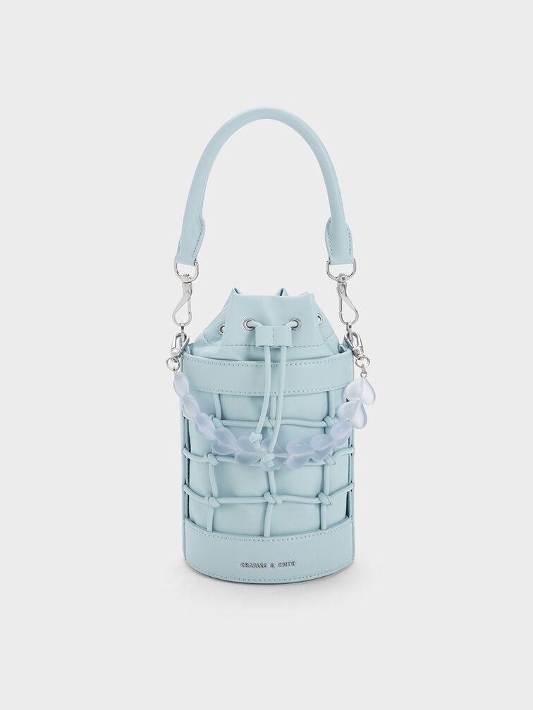 Heart Motif Caged Bucket Bag, Light Blue, hi-res