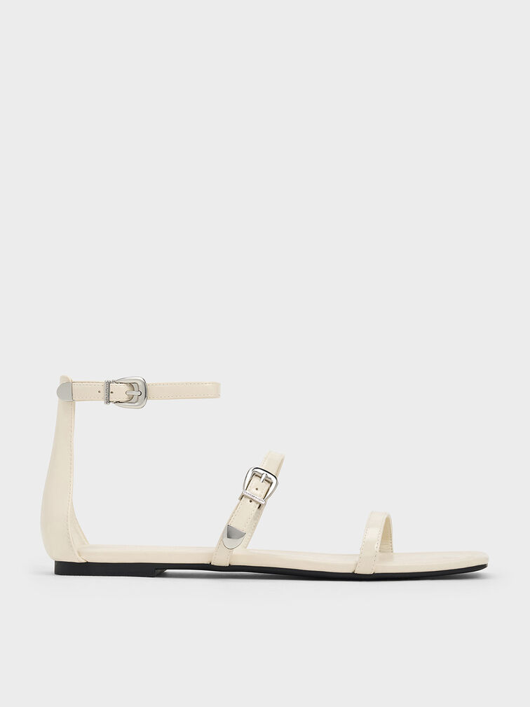 Giày sandals quai ngang Square-Toe Buckled Triple-Strap, Phấn, hi-res