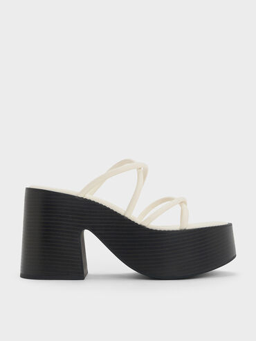 Strappy Crossover Platform Mules, Cream, hi-res