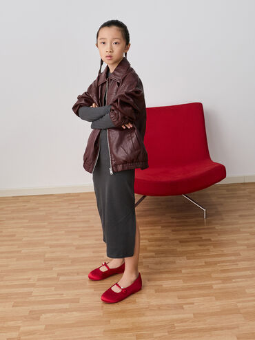 Girls' Orinda Knot-Pearl Mary Jane Flats, Red, hi-res