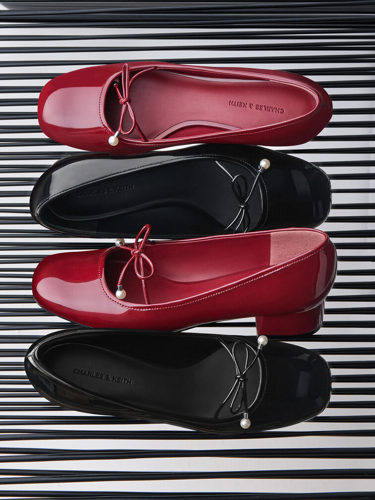 Barbara Patent Pearl-Bow Ballet Pumps, Black Patent, hi-res