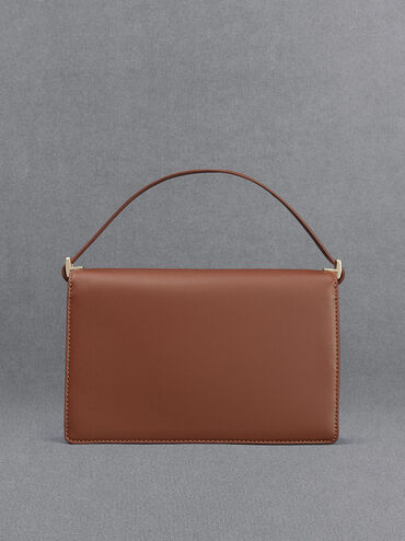 Túi đeo vai phom chữ nhật Leather & Canvas Two-Tone, Rượu cognac, hi-res