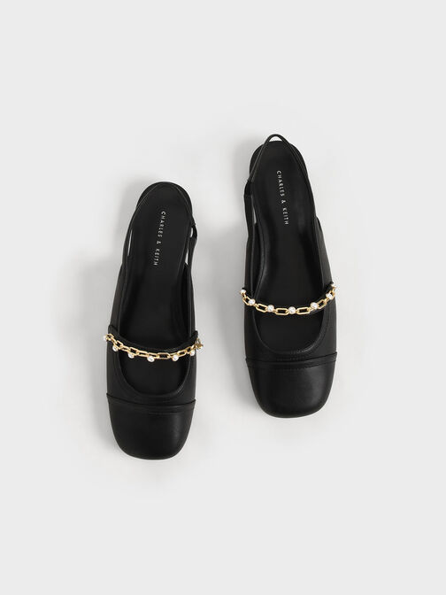 Giày búp bê hở gót Beaded Chain-Link Linen & Grosgrain, Đen, hi-res