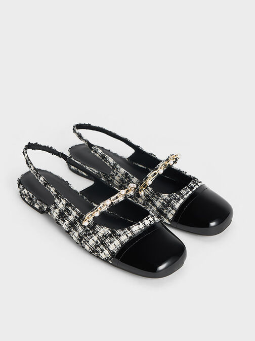 Giày búp bê mũi vuông Tweed Beaded Chain-Link Slingback, Đen họa tiết, hi-res