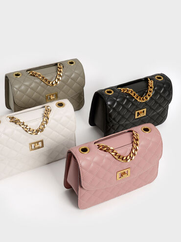 Túi xách tay nữ nắp gập phom chữ nhật Quilted Clutch, Nâu xám, hi-res