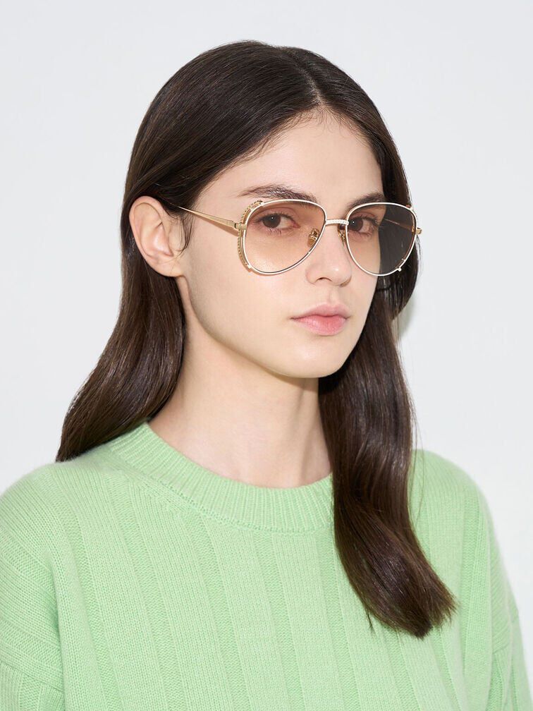 K&iacute;nh m&aacute;t gọng phi c&ocirc;ng Gem-Embellished Wireframe Aviator, Kem, hi-res