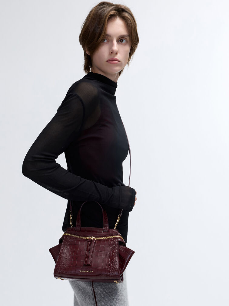 Pansy Trapeze Croc-Effect Top Handle Bag, Wineberry Red, hi-res